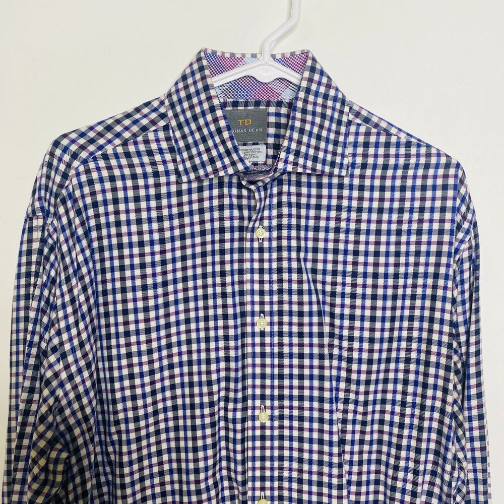Thomas Dean Button Up Shirt Mens Large Blue Purple Plaid 100% Cotton Cuffs